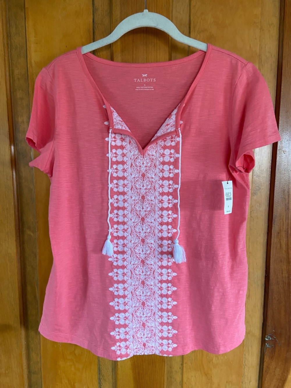Talbots Coral Short Sleeve V-Neck Top with White Embroidered Panel